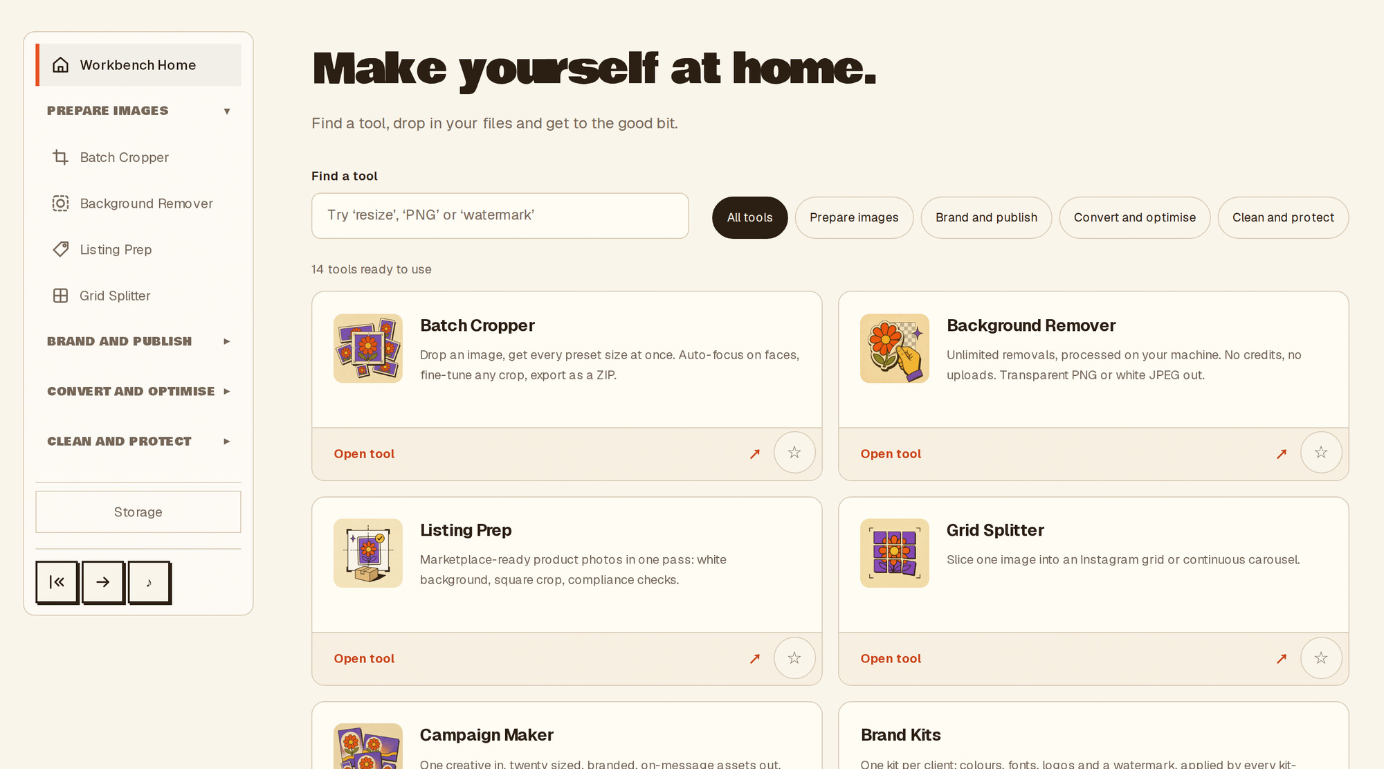 The live Funky workbench, with task-grouped navigation, tool search and illustrated cards for Batch Cropper, Background Remover, Listing Prep and Grid Splitter.