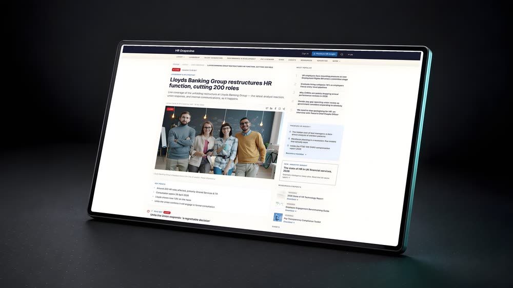 The HR Grapevine redesign's article template presented on a dark staging panel: the story column beside the sidebar rail carrying most-popular, premium insight and resources blocks. The interface shown is the real template design.