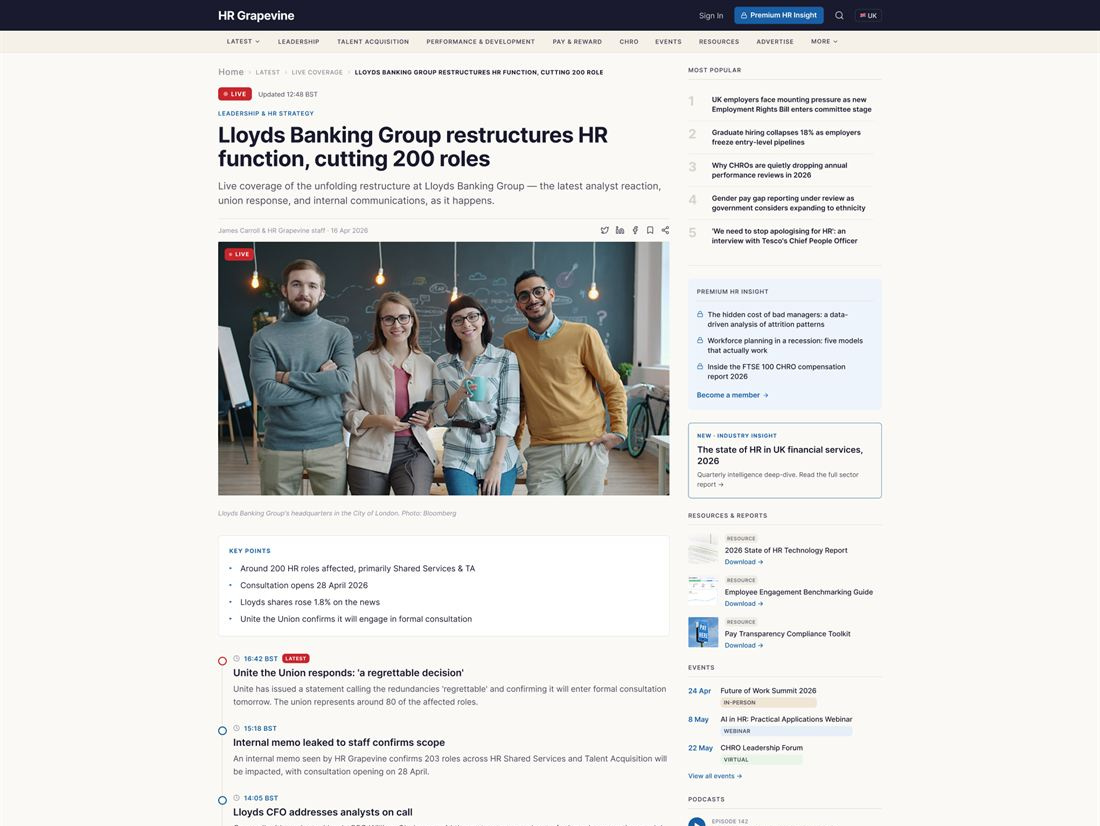 A news article template on a white page: a breadcrumb and a live flag, a two line headline about a bank restructuring its HR function, a standfirst, a bylined lead photograph, a key points list, and a right rail carrying a numbered most popular list, a members block and three report downloads.