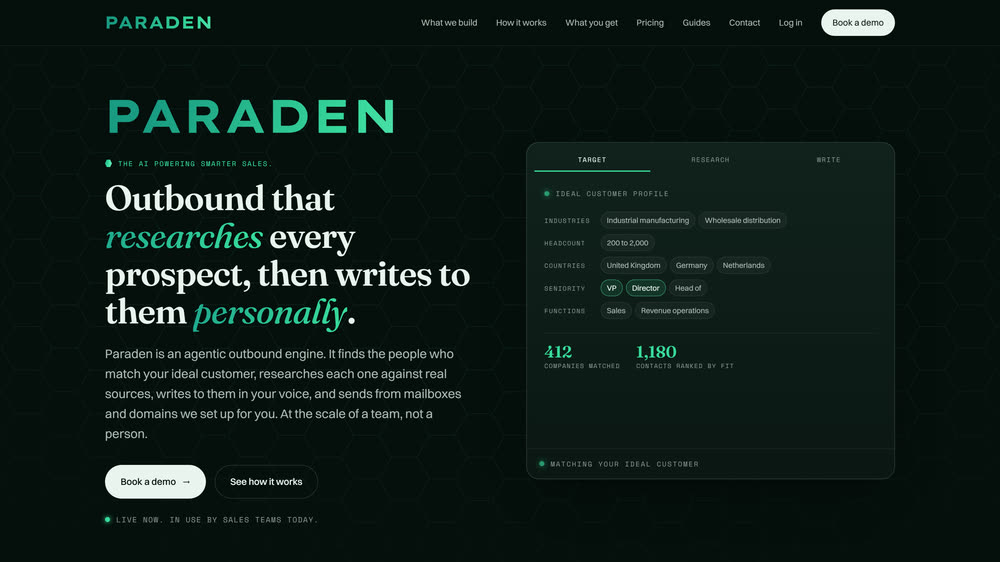 The live paraden.ai home page: the Paraden wordmark in mint on a near-black hexagon field, a headline about researching every prospect and writing to them personally, beside a product panel listing an ideal customer profile with 412 companies matched.