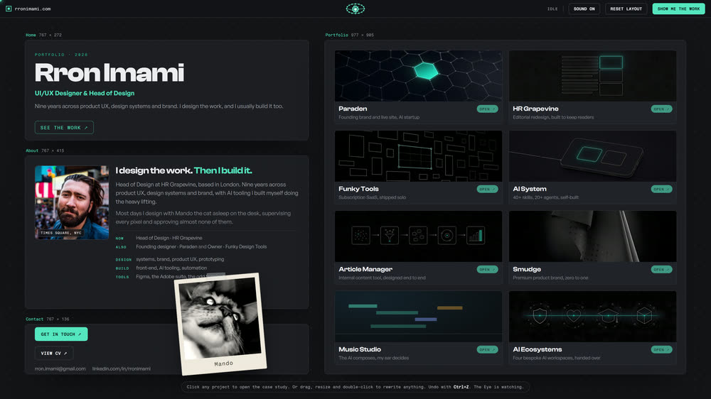 The portfolio at rronimami.com: a dark dot-grid canvas holding movable panels, with home, about and contact on the left and five project cards on the right, watched by an eye made of connected dots.